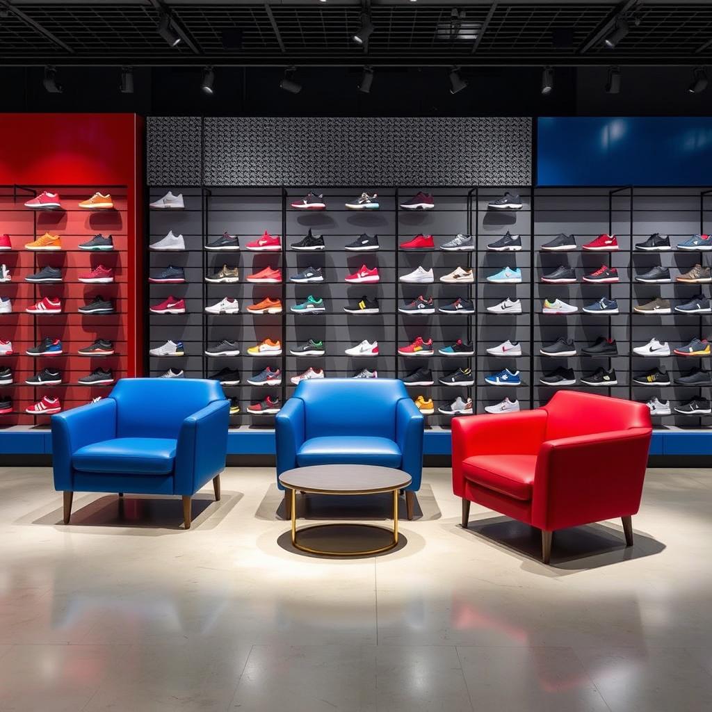 A set of armchairs designed for a sports shoe store, featuring vibrant colors such as red, blue, and gray