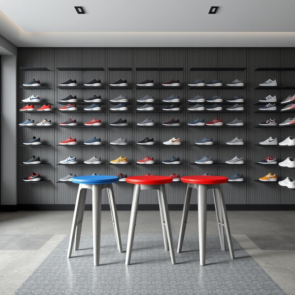 A minimalist design for stools in a sports shoe store, featuring colors such as red, blue, and gray