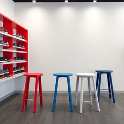 A minimalist design for stools in a sports shoe store, featuring colors such as red, blue, and gray