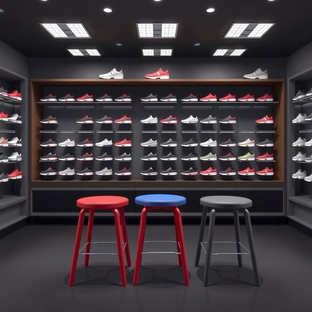 A minimalist design for stools in a sports shoe store, featuring colors such as red, blue, and gray