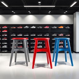 A minimalist design for stools in a sports shoe store, featuring colors such as red, blue, and gray