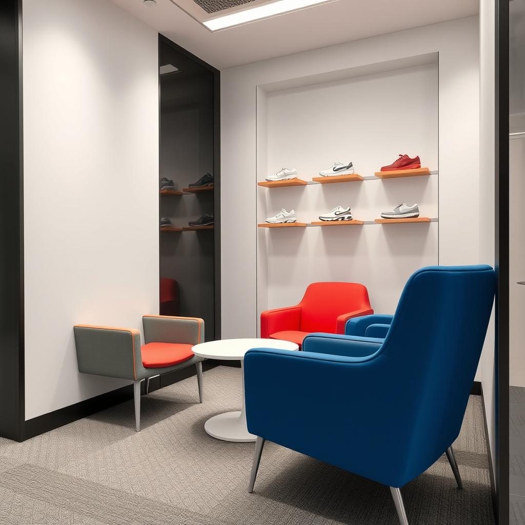 A minimalist design for armchairs in the fitting room of a sports shoe store, featuring colors such as red, blue, and gray