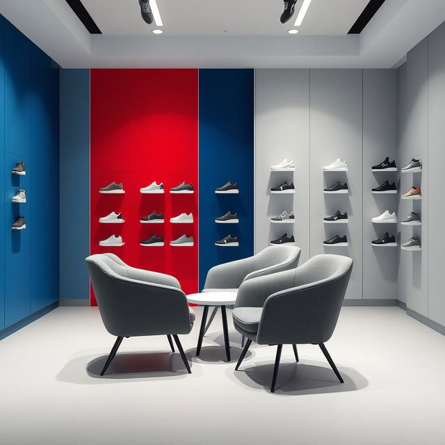 A minimalist design for armchairs in the fitting room of a sports shoe store, featuring colors such as red, blue, and gray