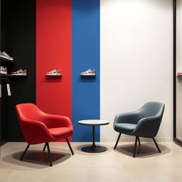 A minimalist design for armchairs in the fitting room of a sports shoe store, featuring colors such as red, blue, and gray