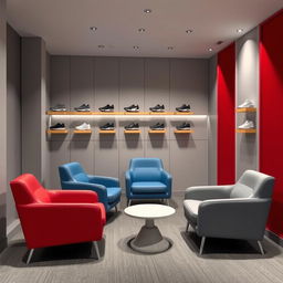 A minimalist design for armchairs in the fitting room of a sports shoe store, featuring colors such as red, blue, and gray