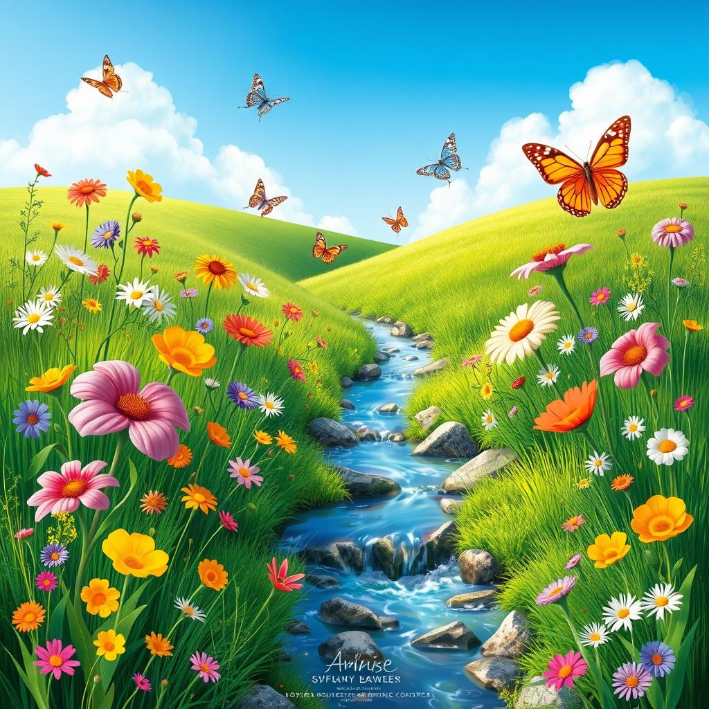 A whimsical scene featuring a variety of colorful flowers, butterflies, and a gentle stream flowing through a lush, green meadow under a clear blue sky