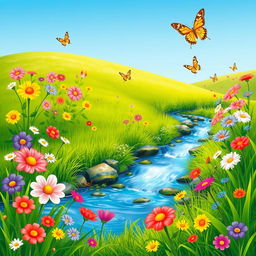 A whimsical scene featuring a variety of colorful flowers, butterflies, and a gentle stream flowing through a lush, green meadow under a clear blue sky