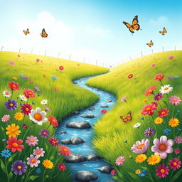 A whimsical scene featuring a variety of colorful flowers, butterflies, and a gentle stream flowing through a lush, green meadow under a clear blue sky