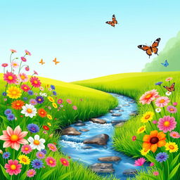 A whimsical scene featuring a variety of colorful flowers, butterflies, and a gentle stream flowing through a lush, green meadow under a clear blue sky