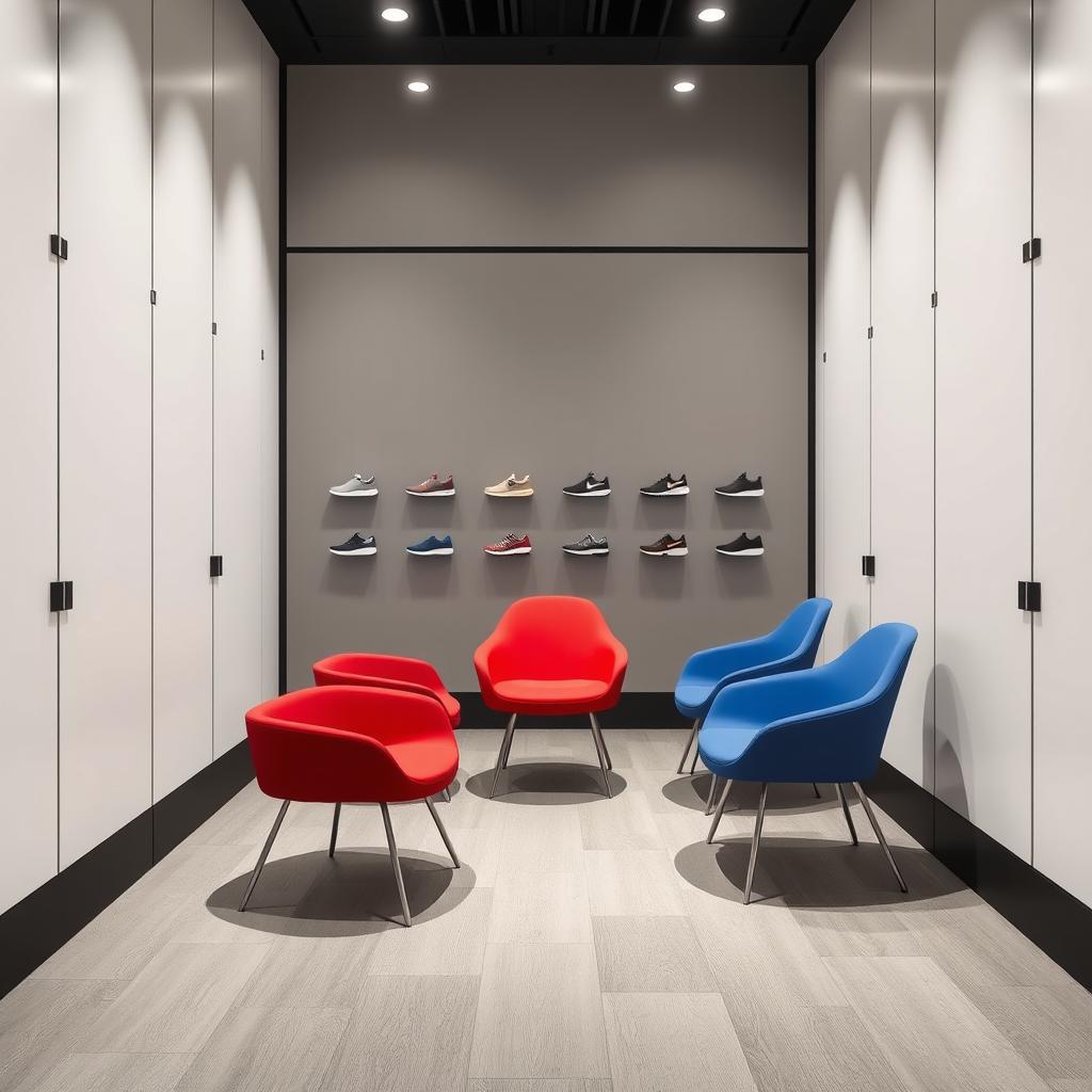 A minimalist design for legless armchairs in the fitting room of a sports shoe store, featuring colors such as red, blue, and gray