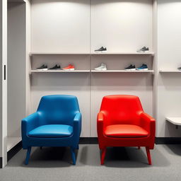 A minimalist design for legless armchairs in the fitting room of a sports shoe store, featuring colors such as red, blue, and gray