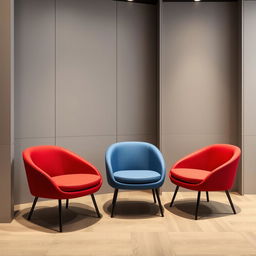 A minimalist design for legless armchairs in the fitting room of a sports shoe store, featuring colors such as red, blue, and gray