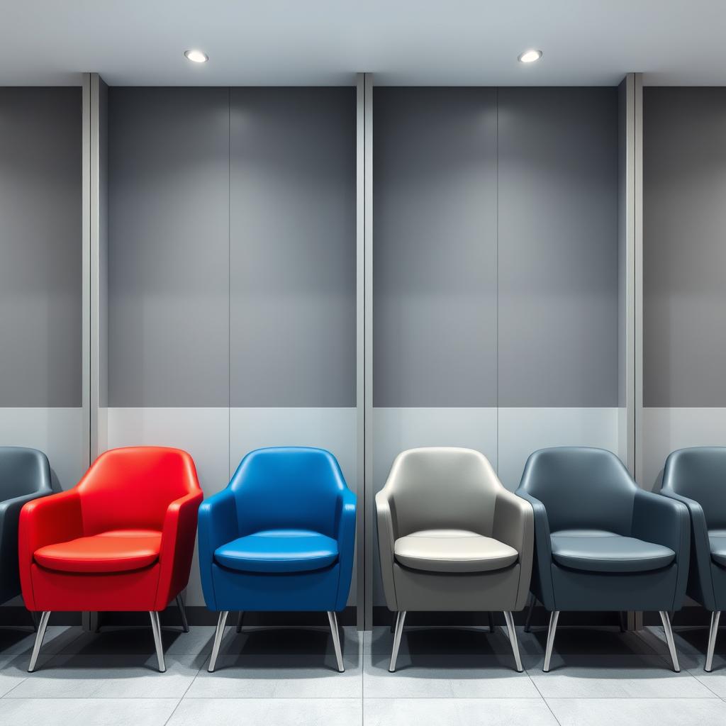 A minimalist design for legless armchairs in the fitting room of a sports shoe store, featuring colors such as red, blue, and gray