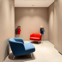 A minimalist design for small and low armchairs in the fitting room of a sports shoe store, featuring colors such as red, blue, and gray