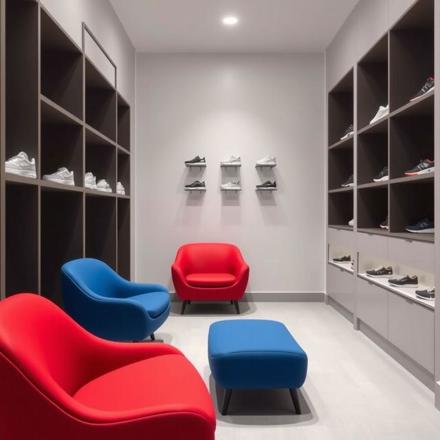 A minimalist design for small and low armchairs in the fitting room of a sports shoe store, featuring colors such as red, blue, and gray