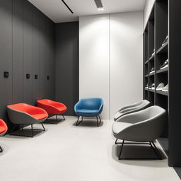 A minimalist design for small and low armchairs in the fitting room of a sports shoe store, featuring colors such as red, blue, and gray