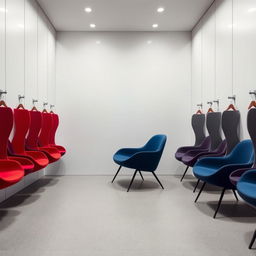 A minimalist design for small and low armchairs in the fitting room of a sports shoe store, featuring colors such as red, blue, and gray