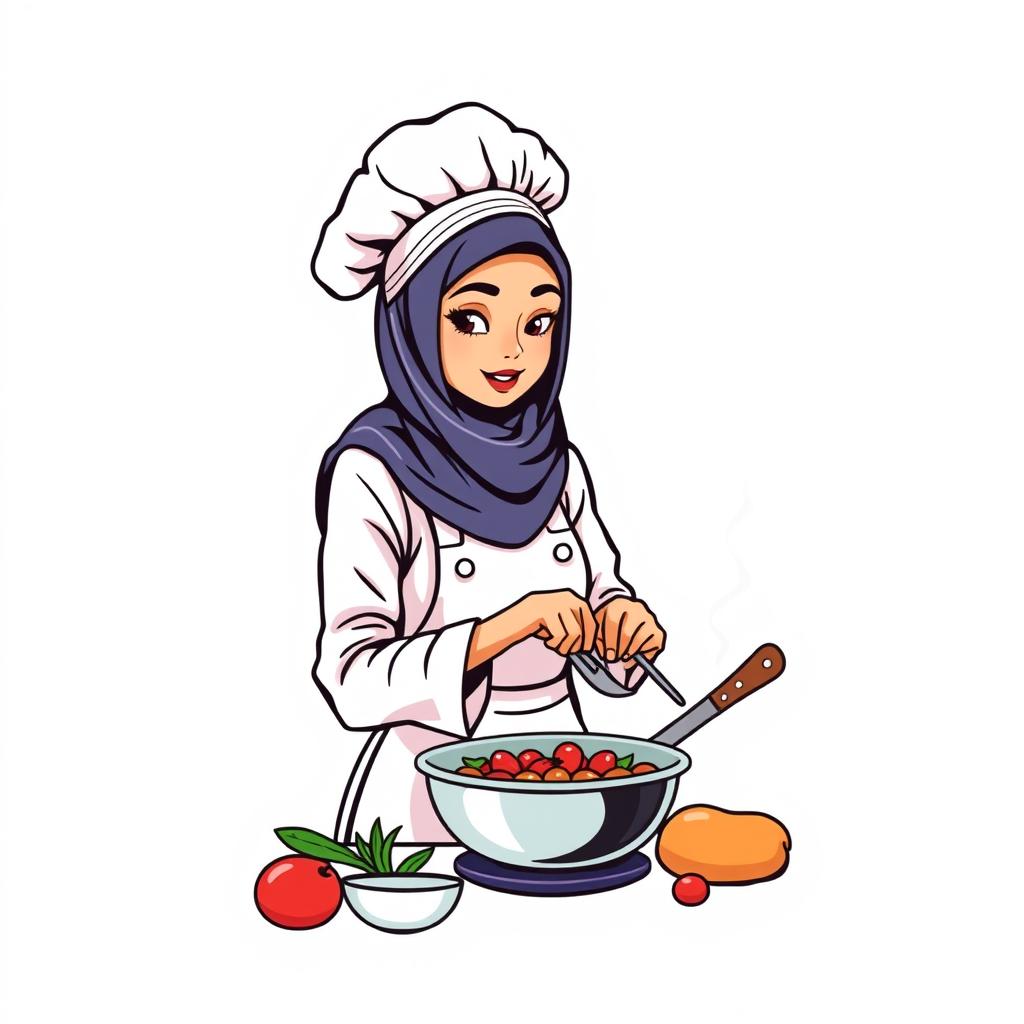 A t-shirt design featuring an illustration of a female chef wearing a hijab, actively cooking