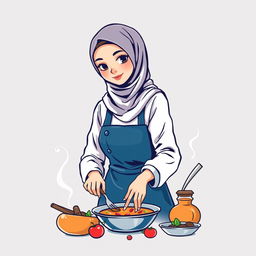 A t-shirt design featuring an illustration of a female chef wearing a hijab, actively cooking