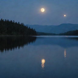 A serene scene of a tranquil body of water under a shimmering moonlight.