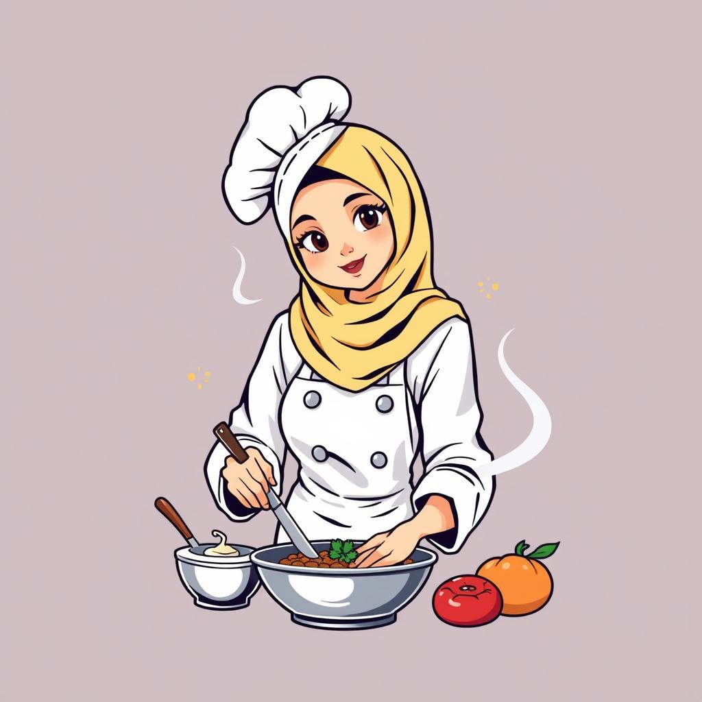 A t-shirt design featuring an illustration of a female chef wearing a hijab, actively cooking