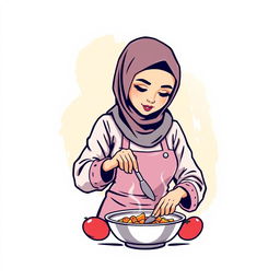 A t-shirt design featuring an illustration of a female chef wearing a hijab, actively cooking