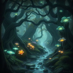 Create an image of the Ebonmire Grove, a dense and mystical forest characterized by its otherworldly beauty