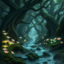 Create an image of the Ebonmire Grove, a dense and mystical forest characterized by its otherworldly beauty