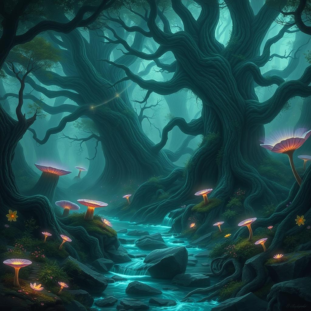 Create an image of the Ebonmire Grove, a dense and mystical forest characterized by its otherworldly beauty