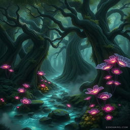 Create an image of the Ebonmire Grove, a dense and mystical forest characterized by its otherworldly beauty