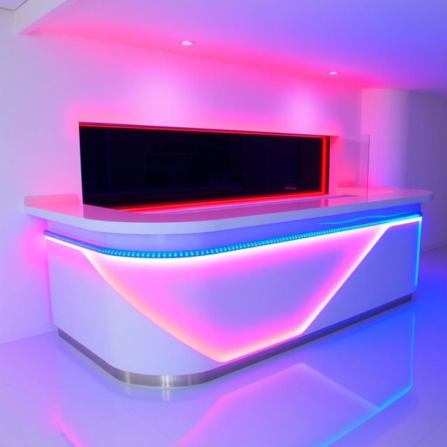 A white counter with integrated LED lights glowing in red and blue