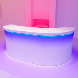 A white counter with integrated LED lights glowing in red and blue