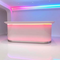 A white counter with integrated LED lights glowing in red and blue