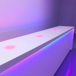 A white counter with integrated LED lights glowing in red and blue