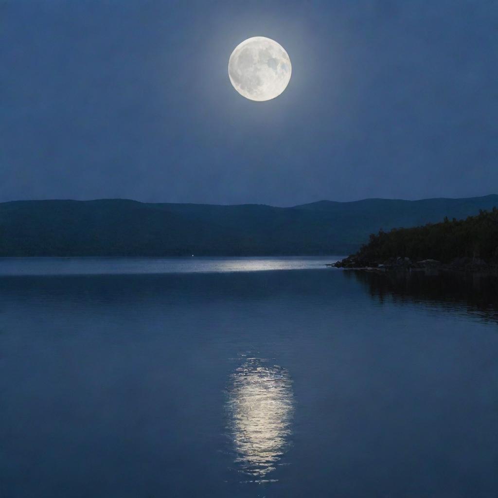 A serene scene of a tranquil body of water under a shimmering moonlight.