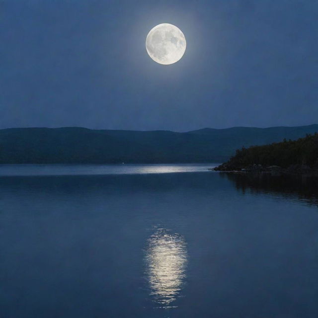 A serene scene of a tranquil body of water under a shimmering moonlight.