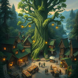 Create an image of Greenhearth, a vibrant frontier town nestled in a lush, expansive forest