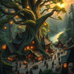 Create an image of Greenhearth, a vibrant frontier town nestled in a lush, expansive forest