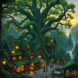 Create an image of Greenhearth, a vibrant frontier town nestled in a lush, expansive forest