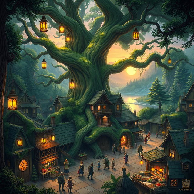 Create an image of Greenhearth, a vibrant frontier town nestled in a lush, expansive forest