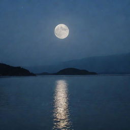 A serene scene of a tranquil body of water under a shimmering moonlight.