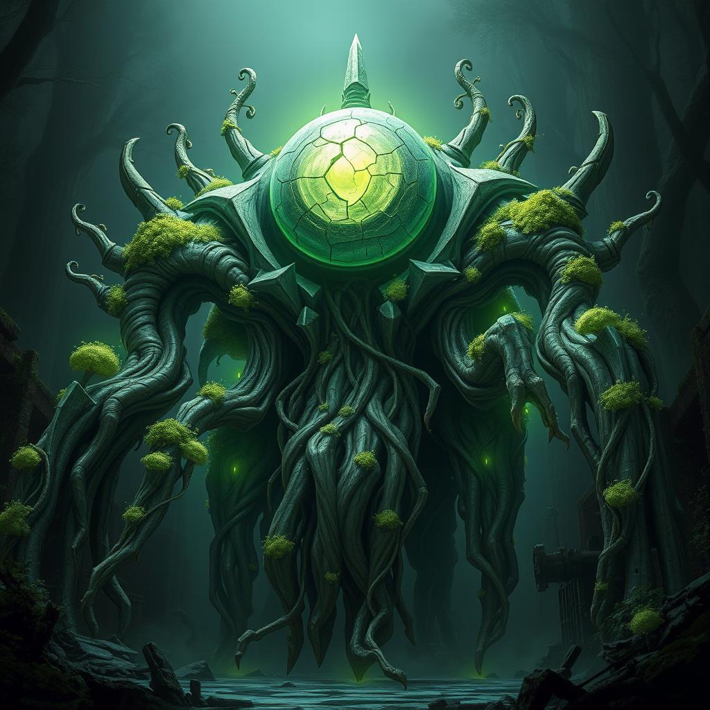 Create an image of the Verdant Sentinel, a colossal, ancient construct with an alien and non-humanoid design