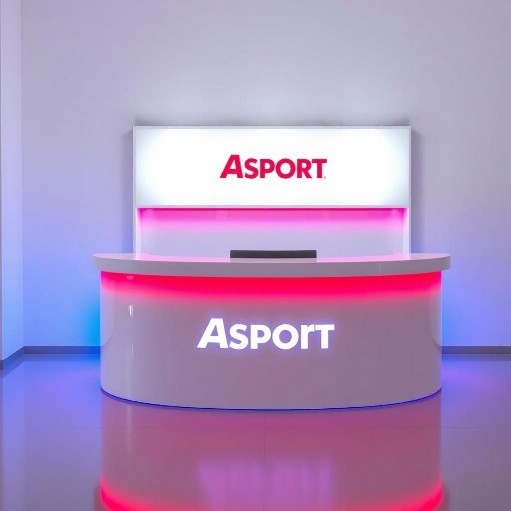 A white display counter illuminated with red and blue LED lights, featuring the Asport logo prominently displayed on the front