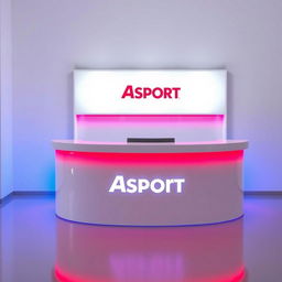 A white display counter illuminated with red and blue LED lights, featuring the Asport logo prominently displayed on the front