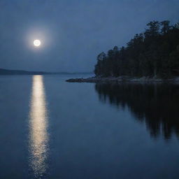 A serene scene of a tranquil body of water under a shimmering moonlight.