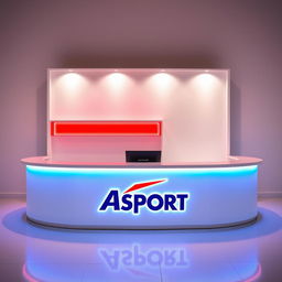 A white display counter illuminated with red and blue LED lights, featuring the Asport logo prominently displayed on the front