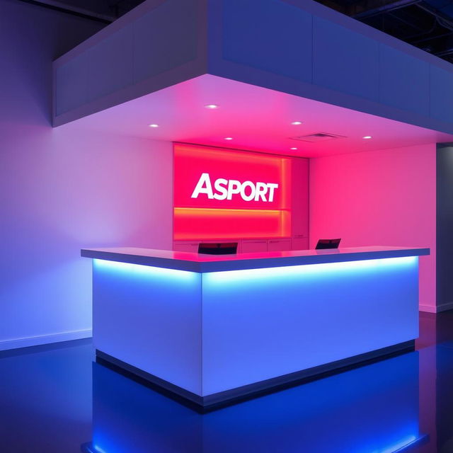 A white display counter illuminated with red and blue LED lights, featuring the Asport logo prominently displayed on the front