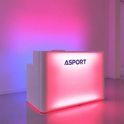 A white display counter illuminated with red and blue LED lights, featuring the Asport logo prominently displayed on the front