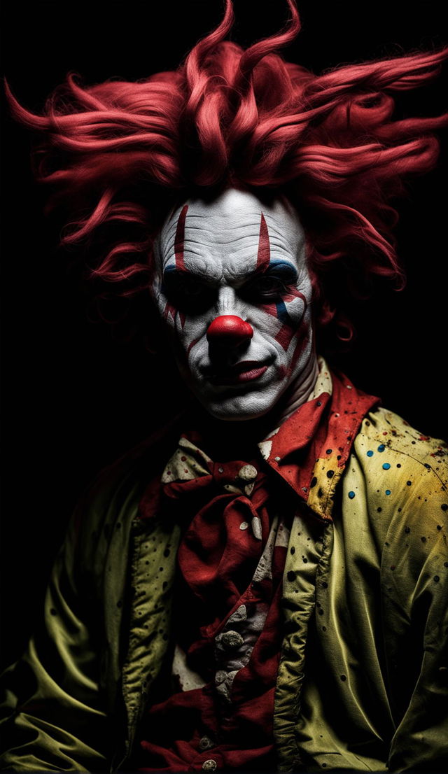 A Yousuf Karsh-style HD photograph of an unsettling clown with dramatic lighting.