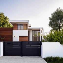 Exterior view of a house with a right side gate and a stairway on the left side. The house design should be modern and visually striking.